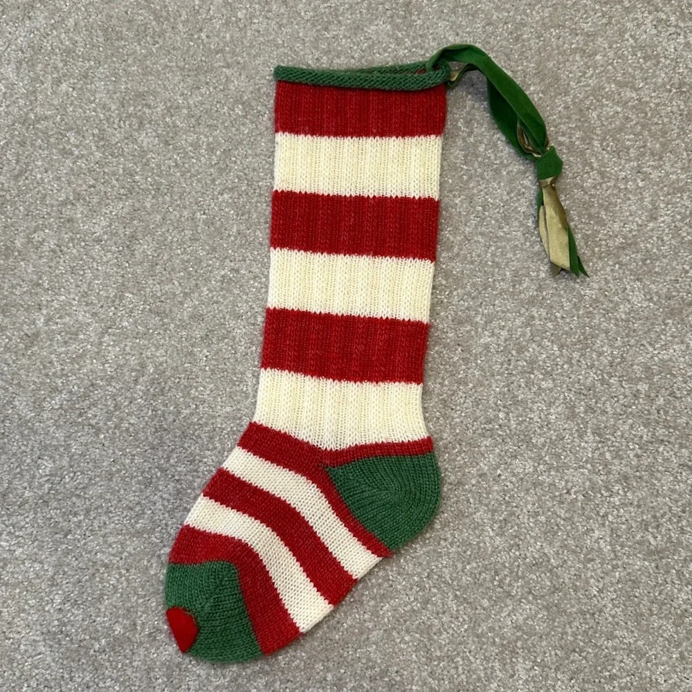 Hand Knit Christmas Stocking Red Cream Green Stripe‎ Hanging Loop Wool